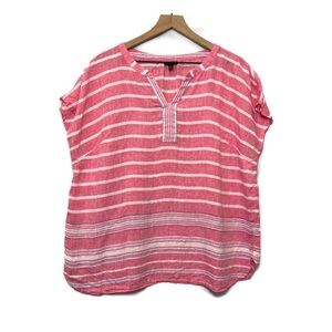 TALBOT'S Petite Pink Stripe 100% Linen V-Neck Popover Blouse Top Petite XL Beach